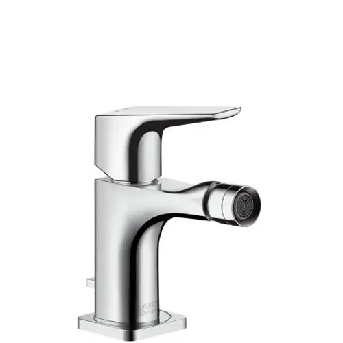 Ein AXOR Bidetmischer aus Chrom mit einem Hebelgriff und einer Zugstangen-Ablaufgarnitur. Das Design ist modern und funktional.